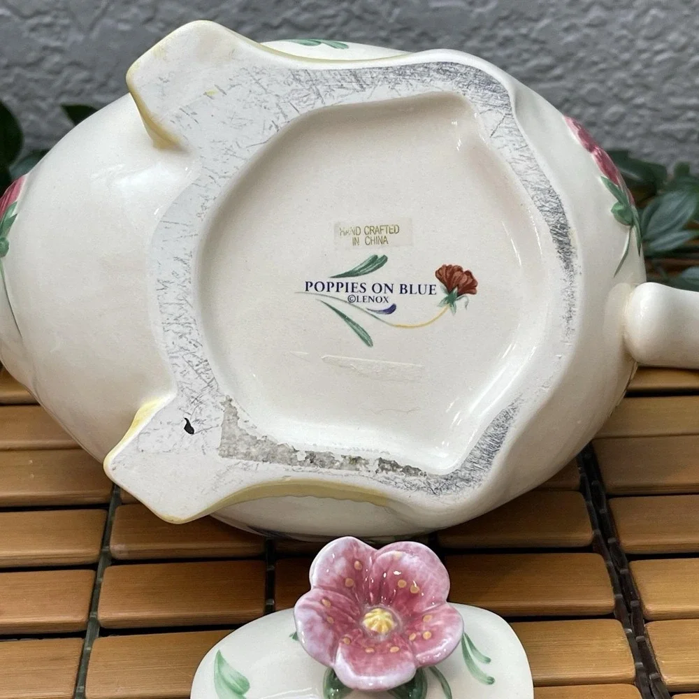 Vintage Lenox Poppies on Blue Barnyard Duck Teapot 1998 Retired Cottagecore 6.5